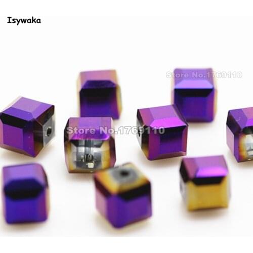 Isywaka 100pcs 8mm Shining Purple Color Square Austria Crystal Bead charm Glass Beads Loose Spacer Bead for DIY Jewelry Making