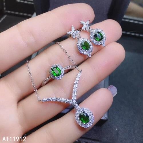 KJJEAXCMY fine jewelry natural diopside 925 sterling silver women pendant necklace chain earrings ring set support test fashion