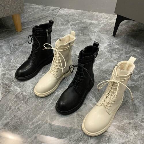 Leather Ankle Boots Women Martin Chelsea Plush Lining Warm Soft Sole Ladies Round Chunky Lace-up Winter Female Platform Shoes