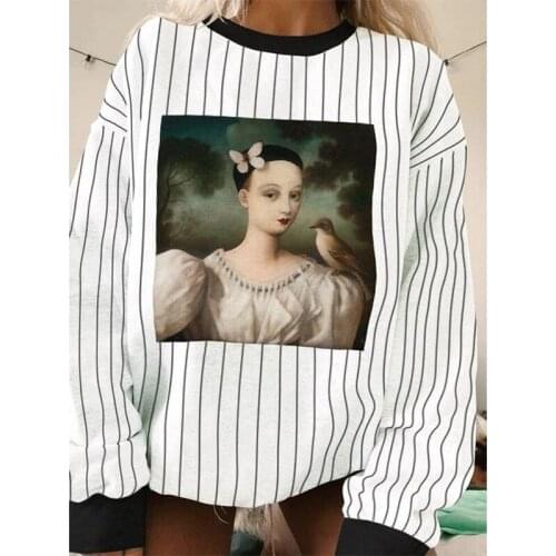 Beauty Face Print Crewneck Sweatshirt Women Streetwear Oversized Hoodies Casual Girls Tops Spring Fall French Fashion Plus Size