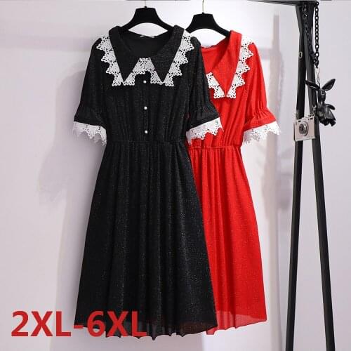 Summer Big size 6XL Dress for Fat MM Woman Dress Loose Solid Patchwork Horn Sleeve Plus Size Turn-down Collar Clothing Dresses