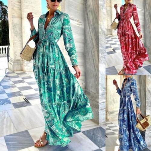 Summer Loose Boho Maxi Beach Dress Sexy Turn-down Collar Button Long Shirt Dress Women Spring Floral Print Pleated Party Dresses