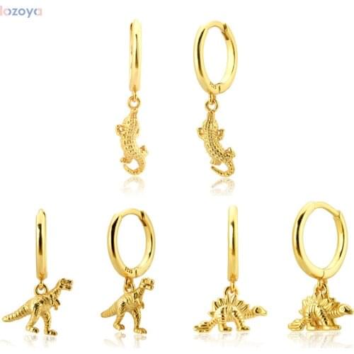 LOZOYA 925 Sterling Silver Rock Punk Lizard Pendant Dinosaur Piercing Pendiente Drop Earring Animal Gold Collection Jewels