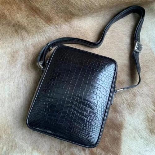 Authentic Real True Alligator Leather Mens Casual Cross Shoulder Bag Genuine Crocodile Belly Skin Male Flap Purse Messenger Bag