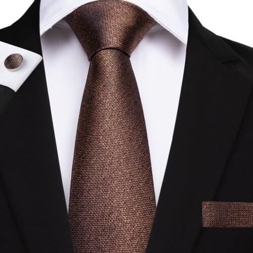2019 DiBanGu Luxury Brown Solid Mens Tie Hanky Cufflinks Neck Tie 8cm Silk Tie For Men Suit Business Wedding Tie Set SJT-7136