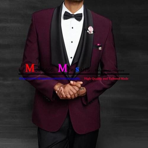 2021 Latest Coat Pant Designs Burgundy Velvet Men Suit Slim Fit Tuxedo 3 Piece Formal Blazer Party Suits Jacket With Black Pant