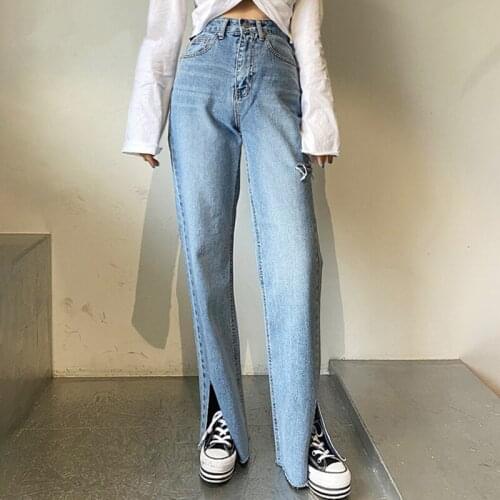 2021 New Vintage Womens Denim Pants Side Split High Waist Fashionable Loose Denim Jeans Female Full Length Trousers