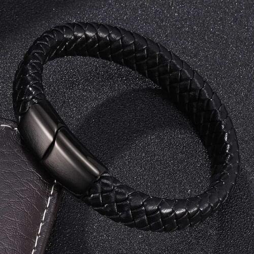 New Fashion Black Leather Braided Bracelet Men Black Magnetic Buckle Bracelets Bangles Classic Male Wrist Band Gifts ST0025