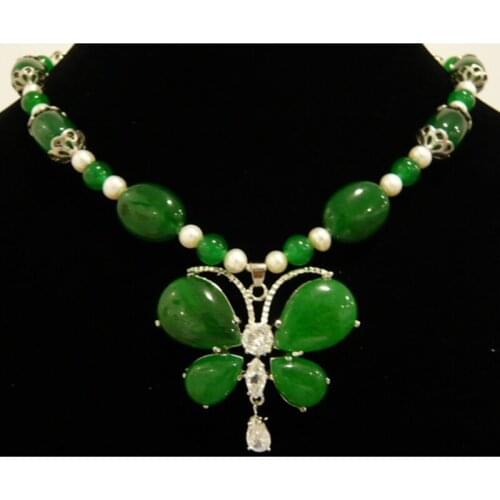 6-7mm White Pearl Green Stone Beads Choker Necklace Butterfly Leaf Pendant Women Gilrs Party Wedding Luxury Jewery Accessories