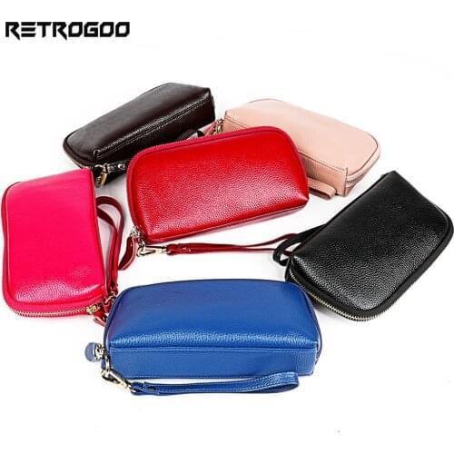RETROGOO Fashion Soft Genuine Lady Clutches Wrist Bag Organizer Purse Zipper Coin Pocket Women Clutch Wallet Phone Bag For Grils