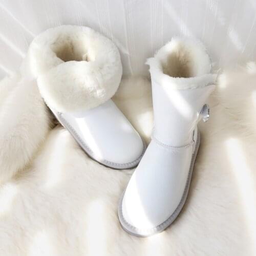 Snow Boots Women Genuine Sheepskin Boots Shoes Waterproof Leather White Sheep Wool Boots Fur Mid-Calf Flat Female Winter Shoes