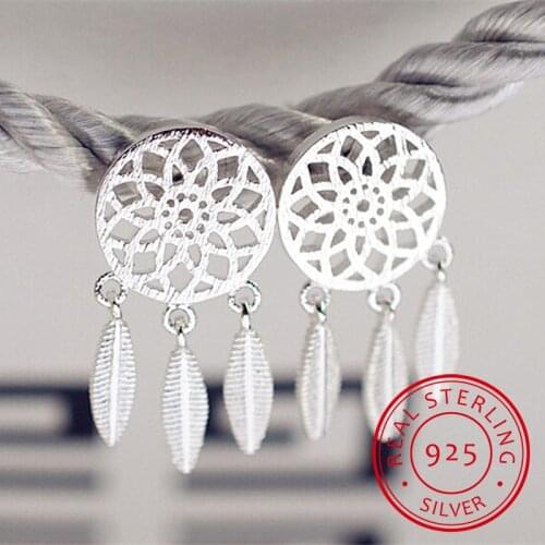 925 Sterling Silver Earrings Dream Catcher Fashion Feather Tassel Earrings For Women oorbellen brincos de prata S-E387