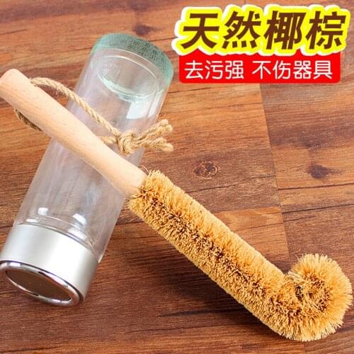 Long Handle Cup Brush Coconut Palm Cup Washing Brush Kitchen Brush Cup Beech Bottle Brush Glass Cleaning Brush 360 Degrees