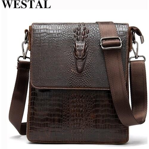 WESTAL messenger bag men’s shoulder bags for men crocodile pattern handbag mens crossbody bags genuine leather flap zipper bags