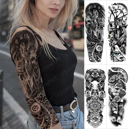 Waterproof Temporary Full Arm Tattoo Sticker Greek Goddess Zeus Sea God Skull Flash Tattoos Man Body Art Fake Sleeve Tatto Women