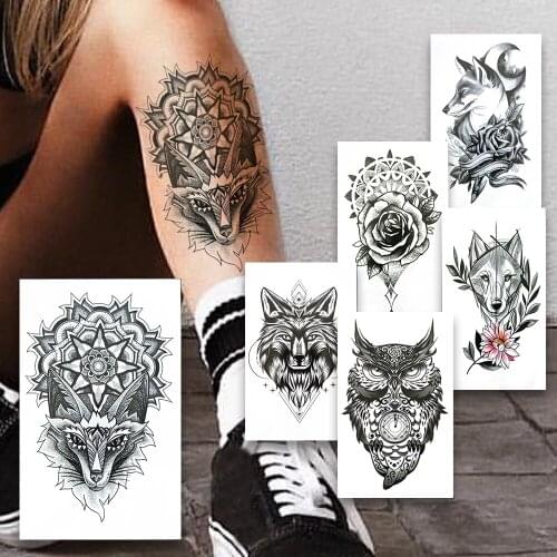 Geometric Lion Temporary Tattoos For Men Women Black Wolf Henna Owl Totem Tattoo Sticker Mehndi Daisy Flower Coyote Tatoos Thigh