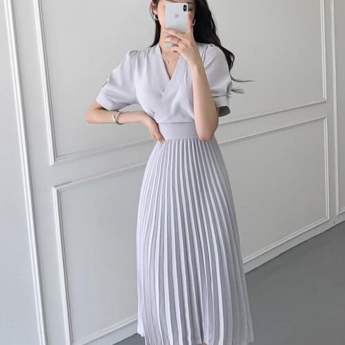 High Quality New Women Summer Office Lady Clothes Elegant V-Neck Slim Casual A-Line Bandge Pleated Dress Vestidos