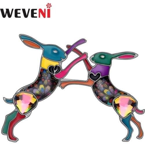 WEVENI Enamel Alloy Rhinestone Double Anime Rabbit Bunny Hare Animal Brooches Pin Clothes Scarf Decorations Lady Girls Teen Gift