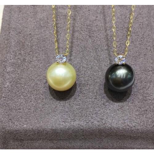 Jewellery 10-11mm Natural 10-11mm sea water pearl round strong light black pendant 18k Chain