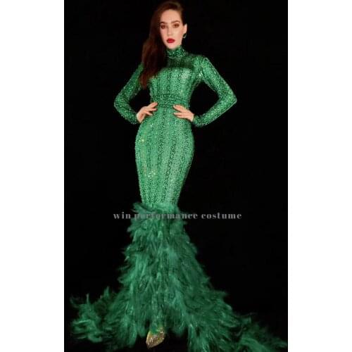 Green Long Sleeve Feathers floorlength Evening Dresses Dubai Mermaid Luxury Evening Gowns 2020 elegant debutante high-end