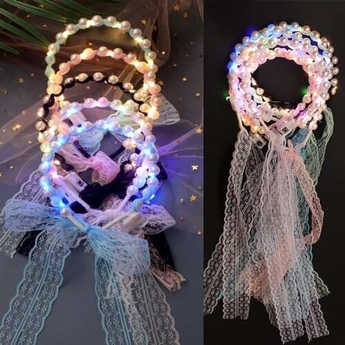 Pearl Lace Ribbon Luminous Hair Band Fairy Lights Light Up Headband Female Tie Pearl Headdress Glow Wedding Party Christmas Gift
