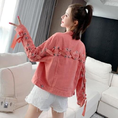 Spring Harajuku Candy Color Bandage Vintage Denim Jacket Women 2021 New Solid Bow Fashion Autumn Short Bomber Coat Femme A768