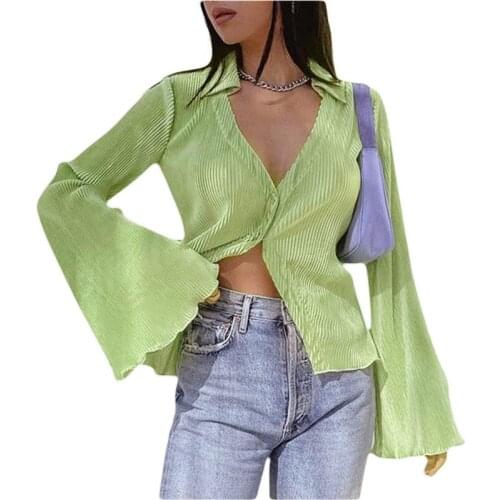 Female Solid Color Fashion Street Single Breasted Lapel Shirt Women Long Sleeve Deep V Neck Tops Autumn Spring S M L