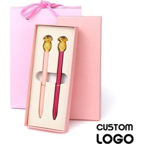 2pcs Kawaii 0.7mm Pineapple Pen Creative Metal Ballpoint Pens Gift Birthday Valentines Day Gift Couple Commemorative Laser Logo