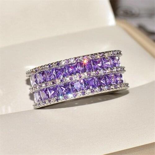 2020 Top Selling Valentines Day Luxury Jewelry 925 Sterling Silver Double Princess Cut Purple 5A CZ Women Wedding Band Ring Set