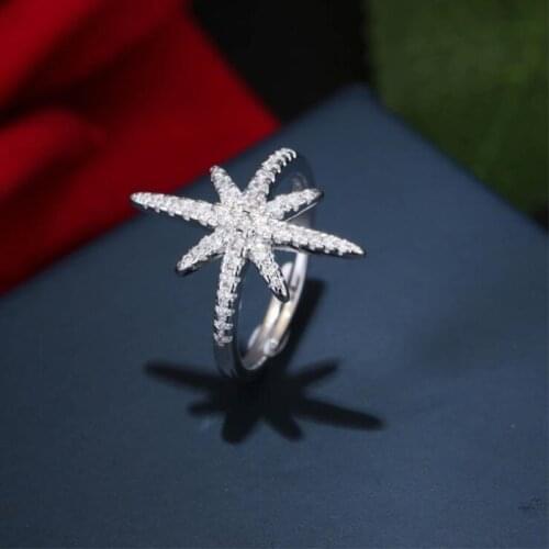 2021 Trend Shinning Star Shape Snowflake Zircon 925 Sterling Silver Open Rings For Female Girls Jewelry Anillos Mujer SR261