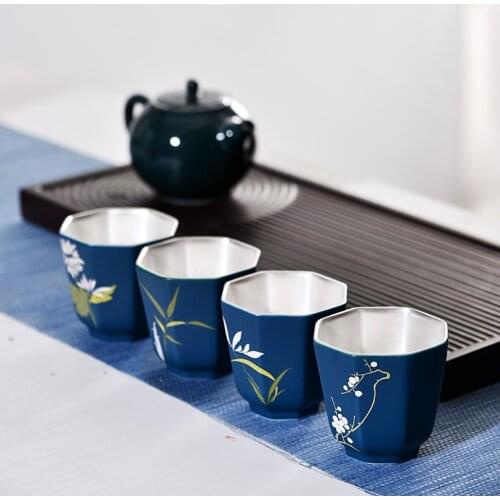 4PCS/Set 999 Silver And Ceramic HandPainted Merlin Bamboo And Chrysanthemum Silver Teacup Kung Fu Tea Cup Set