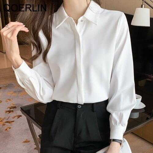 QOERLIN Blouse Women Spring Autumn Fashion Woman Blouses 2021 Turn-Down Collar Full Sleeve Single-Breasted Loose Office Ladies