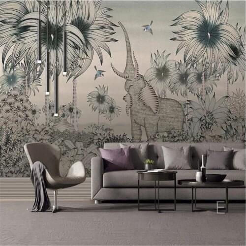 Milofi custom large wallpaper mural medieval hand-painted tropical jungle elephant flying bird background wall painting