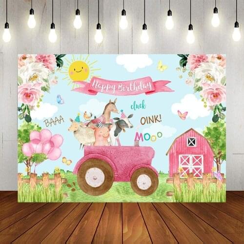 Sweet Pink Farm Backdrop Girl Farm Animals Pink Floral Barnyard Happy Birthday Background Baby Newborn Shower Portrait