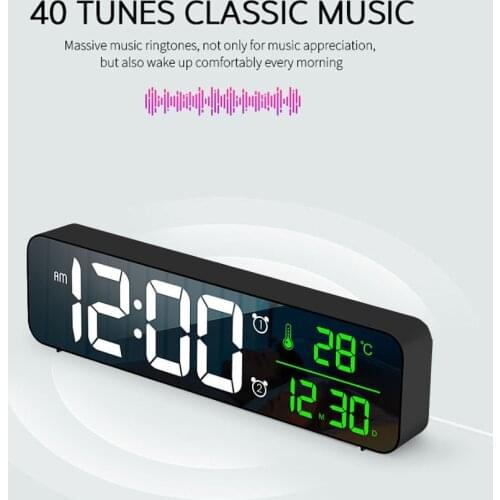 Hot Sale Digital Mirror Led Music Alarm Clock With Snooze Temperature Bedside Wake Up Digital Table Clock Wall USB Cable