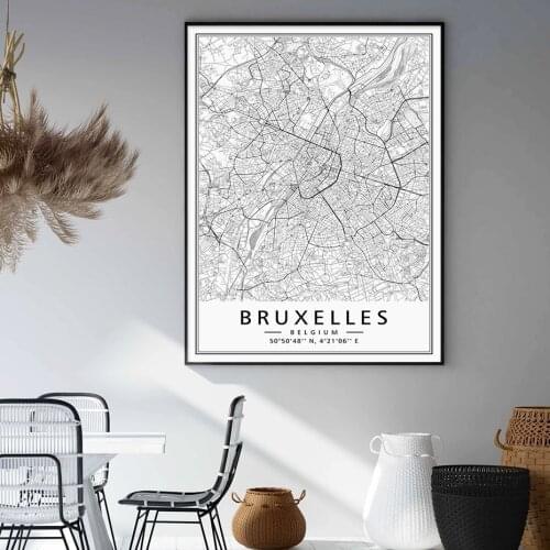 Belgium City Map Bruxelles Modern Poster Canvas Painting Wall Art Print Picture for Living Room Bedroom Interior Home Decoration