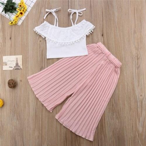 Brand New 2pcs set Fashion Kids Baby Girls Clothing Lace Off Shoulder Crop Top Tank Wide Leg Chiffon Pants Outfit Clothes