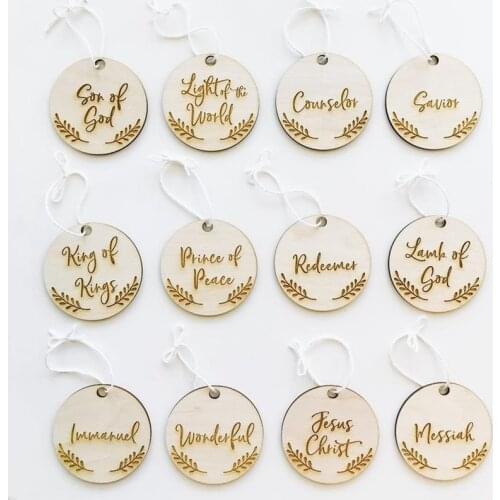 Set of 12pcs laser engraved name jesus christ pendant wood nativity ornament christmas tree decoration