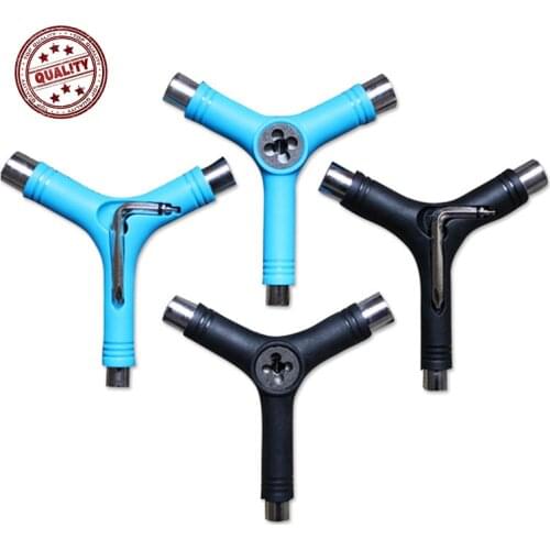 New DIY Multi functional Y Shape Skateboard Tool With Tri Socket Threader For Skate Board Longboard Scooter Black Blue Color