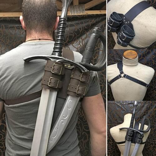 Men Medieval Witcher Double Back Scabbard For Sword Cutlass Holder Viking Pirate Warrior Leather Sheath Holster Cosplay Costume
