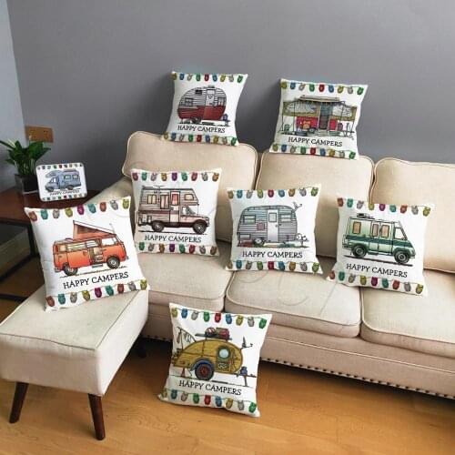 Custom Pillowcase Happy Campers Car Print Pillow Covers Teens Cushion Cover Throw Pillow Case for Sofa Home Pillowcase