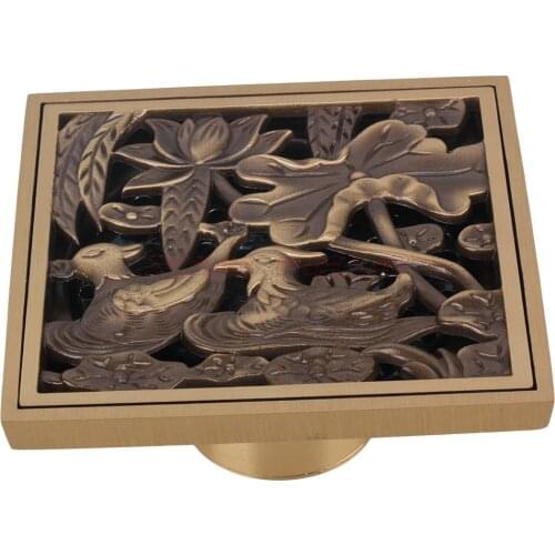 Retro Floor Drain Square high-grade copper antique carved retro bathroom floor drain floor drain odor Luxury Hotel large flow