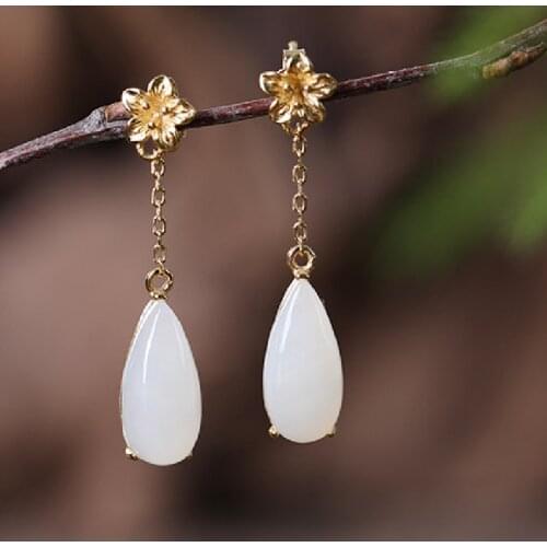 S925 Sterling Silver Gold-plated Flower Earrings, Long, Simple And Natural, Hetian Jade, Drop Personalized And Elegant Earrings