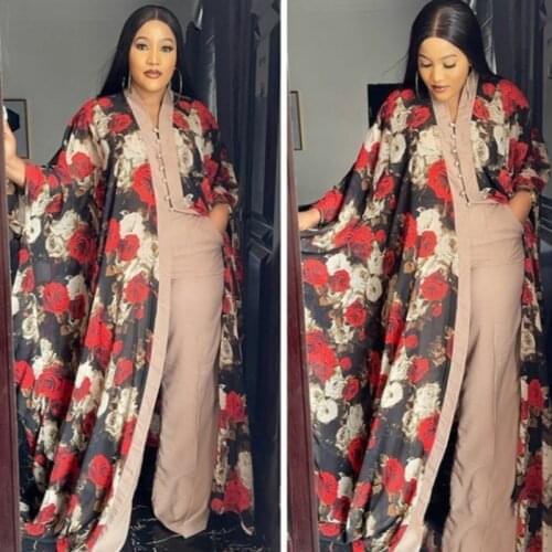 Chiffon African Clothes Dress Women Batwing Sleeve Boubou Top And Pants Suit Fashion Floral Print Streetwear African 2 Piece Set