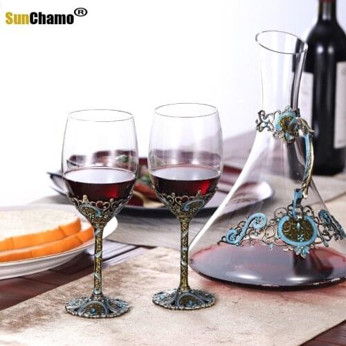 Nordic Enamel Red Wine Glass Decanter Golden Suit Wedding Classical Retro Creative Goblet Zinc Alloy Champagne Glass Gift Box
