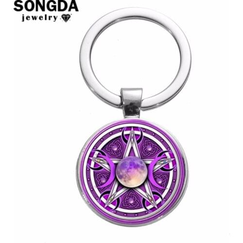 SONGDA Triple Moon Goddess Wicca Keychain Occult Pentagram Pagan Magic Talisman Pendant Key Ring Car Key Chain Witch Accessories