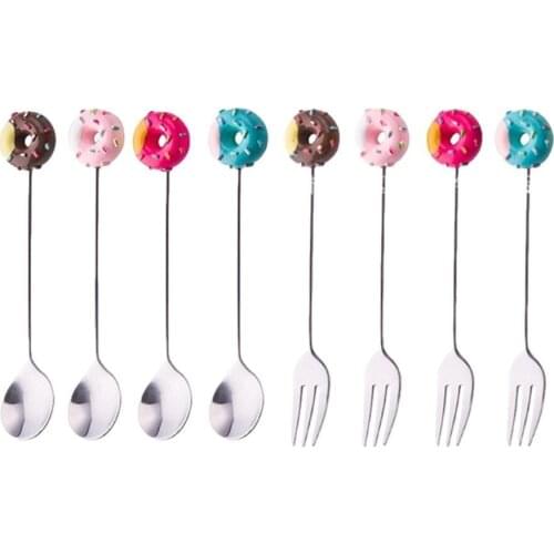 Doughnut Spoon Steel Coffee Spoon Fruit Fork Stirring Milk Teaspoon Dessert Fruit Scoop Home Kitchen Tableware 12cm
