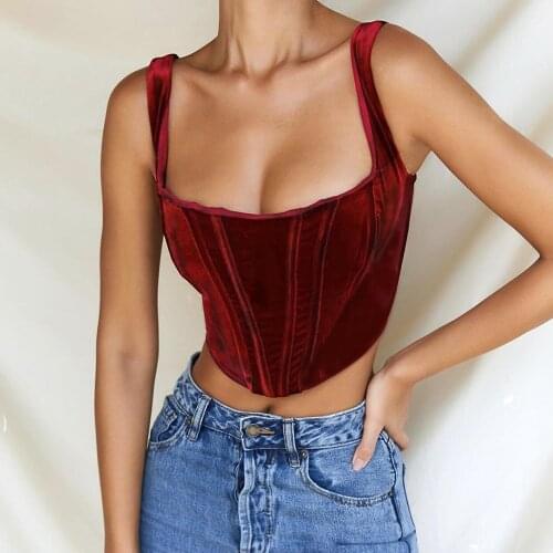 Vintage Sexy Red Velvet Corset Top Women Fish Bone Camisole Crop Tank Top Ladies Party Club Tops Gothic Streetwear Camisole 2020