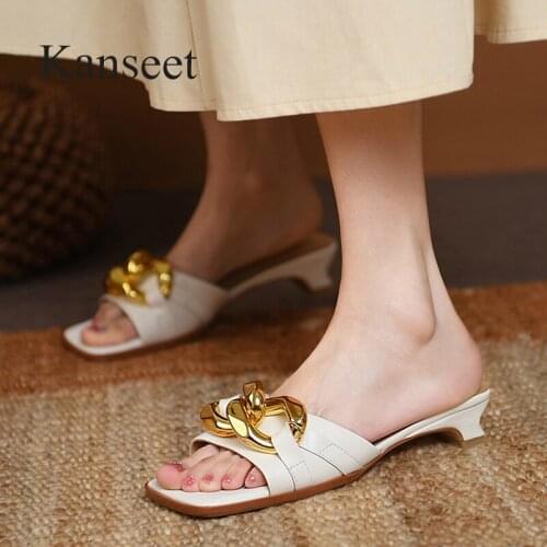 Kanseet Genuine Leather Women Shoes Summer 2021 New Fashion Design Metal Chain Handmade Square Toe Comfort Low Heel Shoes Female