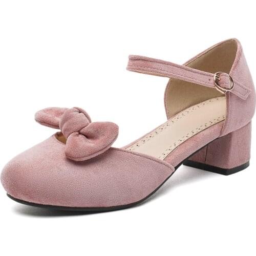 Big Size ladies high heels women shoes woman pumps Round-headed single shoe with bold heel and bow knot